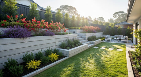 Modern backyard with tiered concrete retaining walls, lush flowering plants, and a stylish outdoor seating area on the lawn.